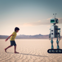Child walking with robot in desert